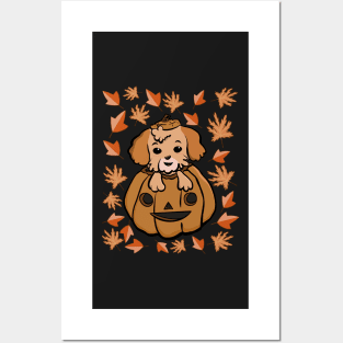 Shih Tzu puppy in Pumpkin autumn leaves pattern Posters and Art